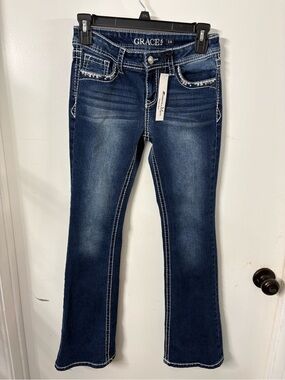 GRACE Dark Indigo Flare Jeans with Contrast Stitching